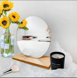 Acrylic Makeup Mirror for Desk with Stand, Small Mirror with Wooden Stand for Office Table, Round Vanity Mirror Frameless for Bedroom, Office and Minimal Space Decorative (Round)