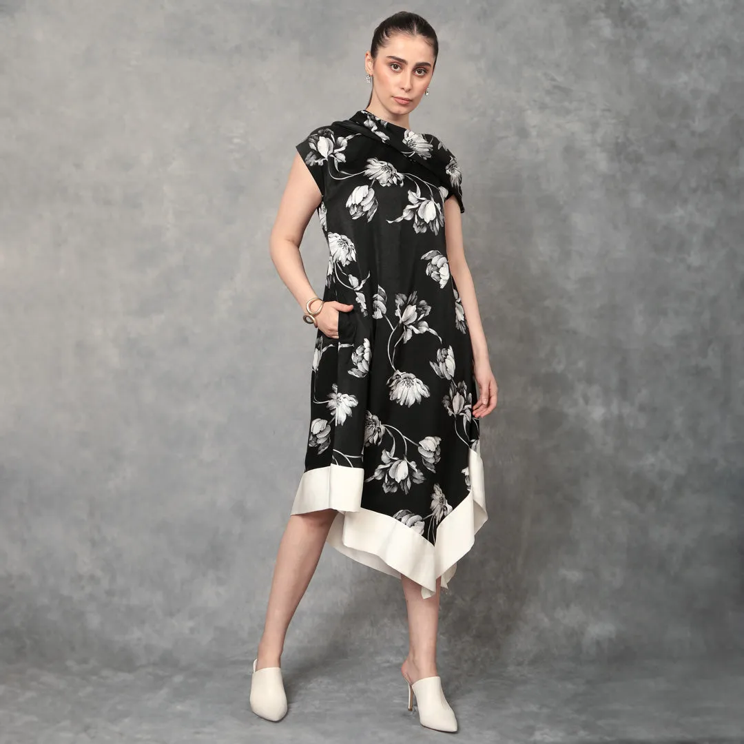 Asymmetrical Cowl Neck Dress Floral Print