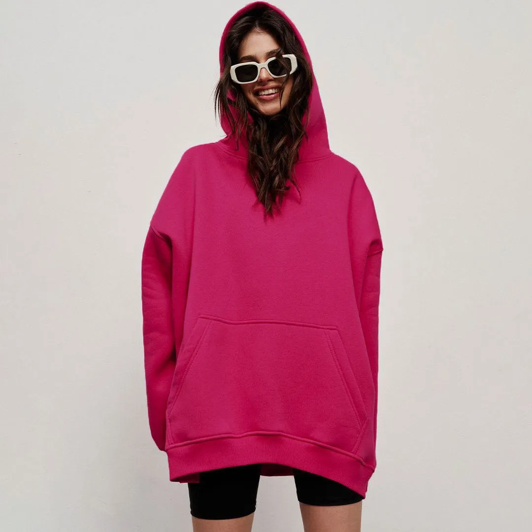 Athletic Style Oversized Drop Shoulder Winter Hooded Sweatshirt - Hot Pink