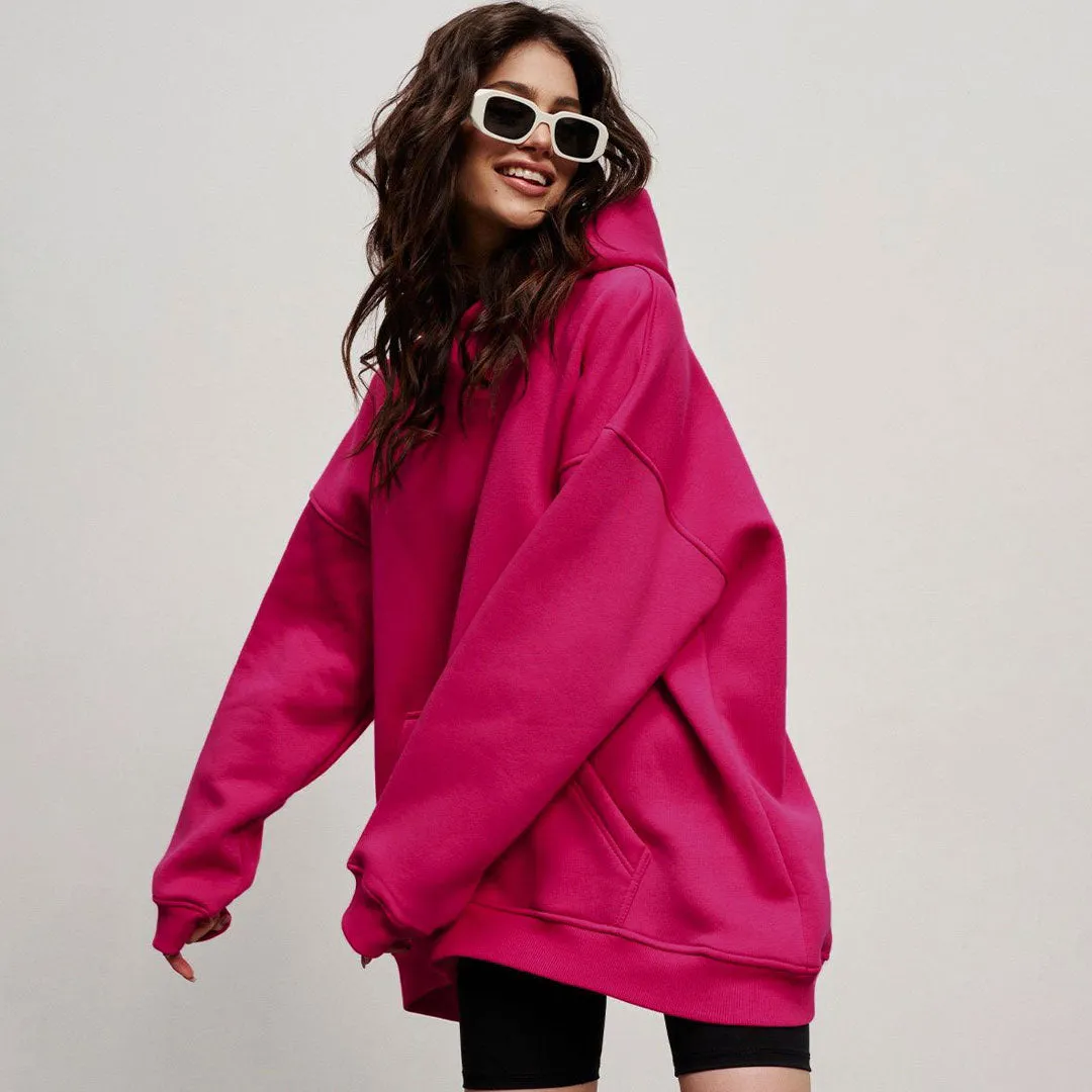 Athletic Style Oversized Drop Shoulder Winter Hooded Sweatshirt - Hot Pink