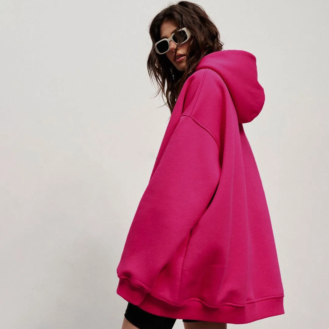 Athletic Style Oversized Drop Shoulder Winter Hooded Sweatshirt - Hot Pink