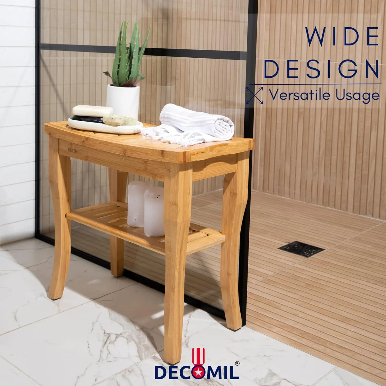 Bamboo Shower Bench 19” - Bathroom Shower Chair with Storage Shelf | Nonslip Feet & Waterproof Design