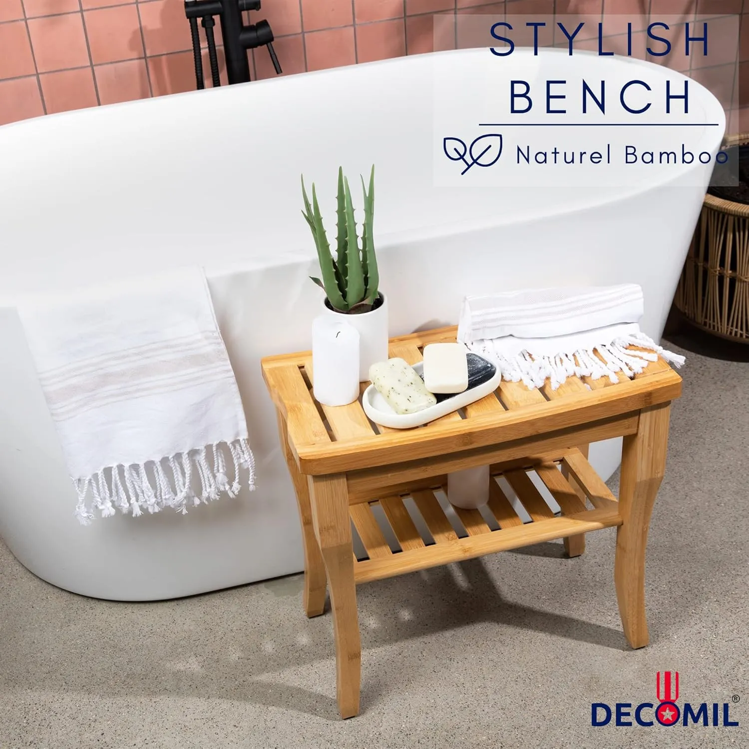 Bamboo Shower Bench 19” - Bathroom Shower Chair with Storage Shelf | Nonslip Feet & Waterproof Design