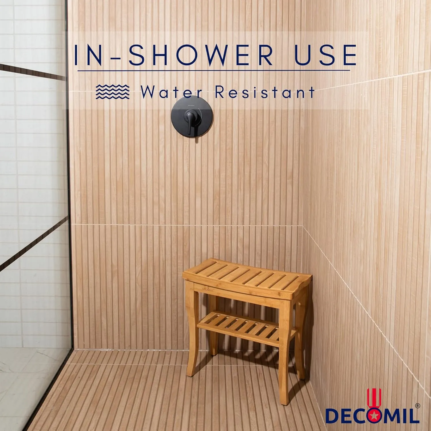 Bamboo Shower Bench 19” - Bathroom Shower Chair with Storage Shelf | Nonslip Feet & Waterproof Design