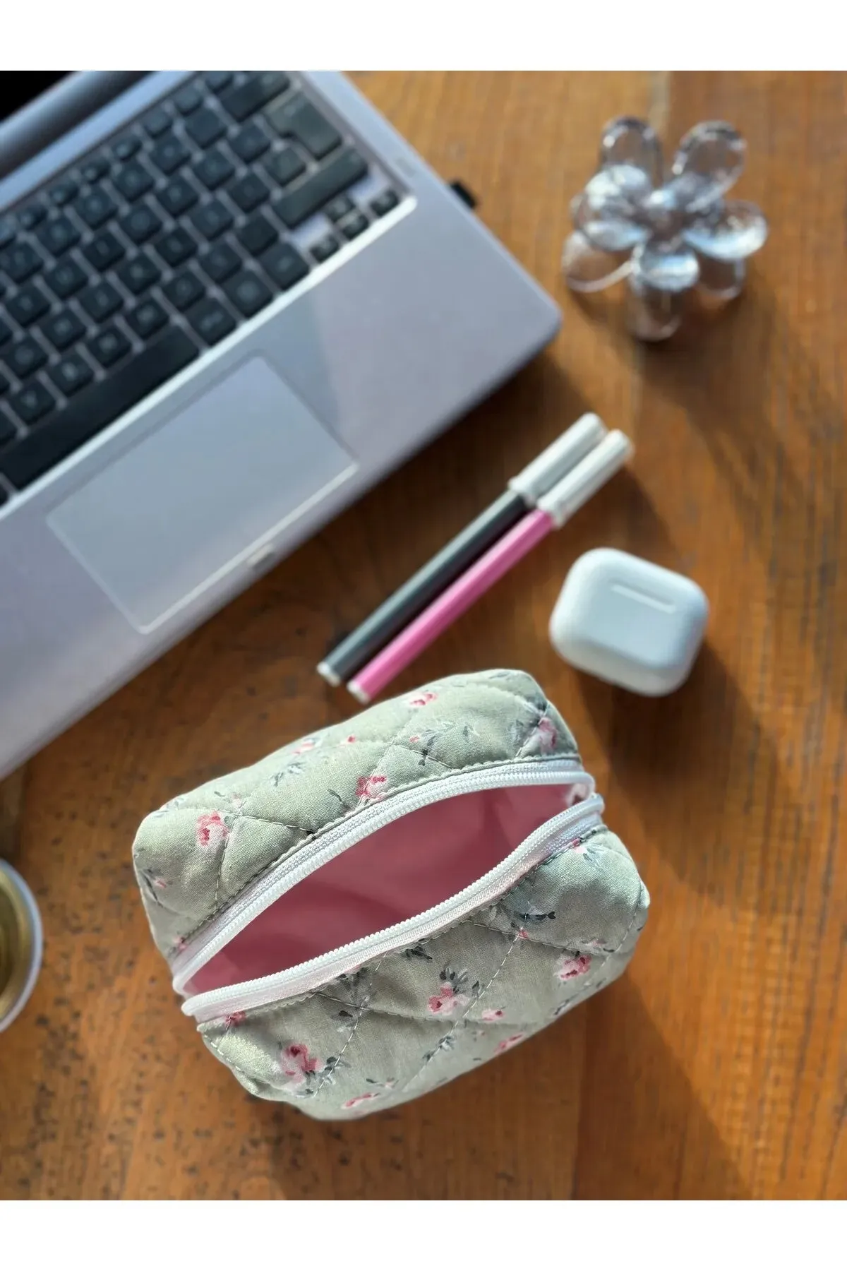 Batekso Green Rose Pattern Makeup Bag