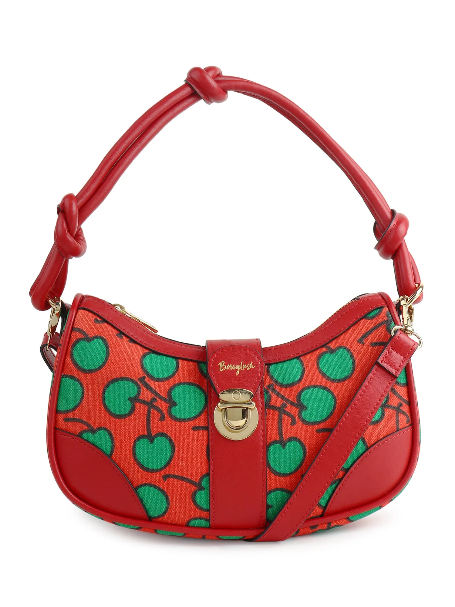 Berrylush Women Red & Green Cherry Printed PU Knot Detachable Sling Strap Embellished Shoulder Bag