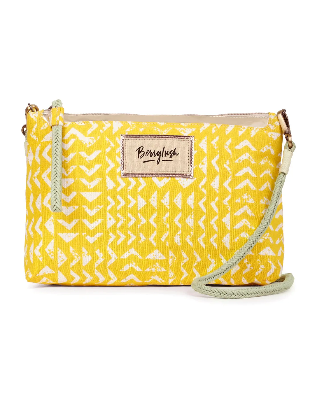 Berrylush Women Yellow & White Triangle Printed Canvas Detachable Sling Strap Small Boho Clutch/Sling Bag