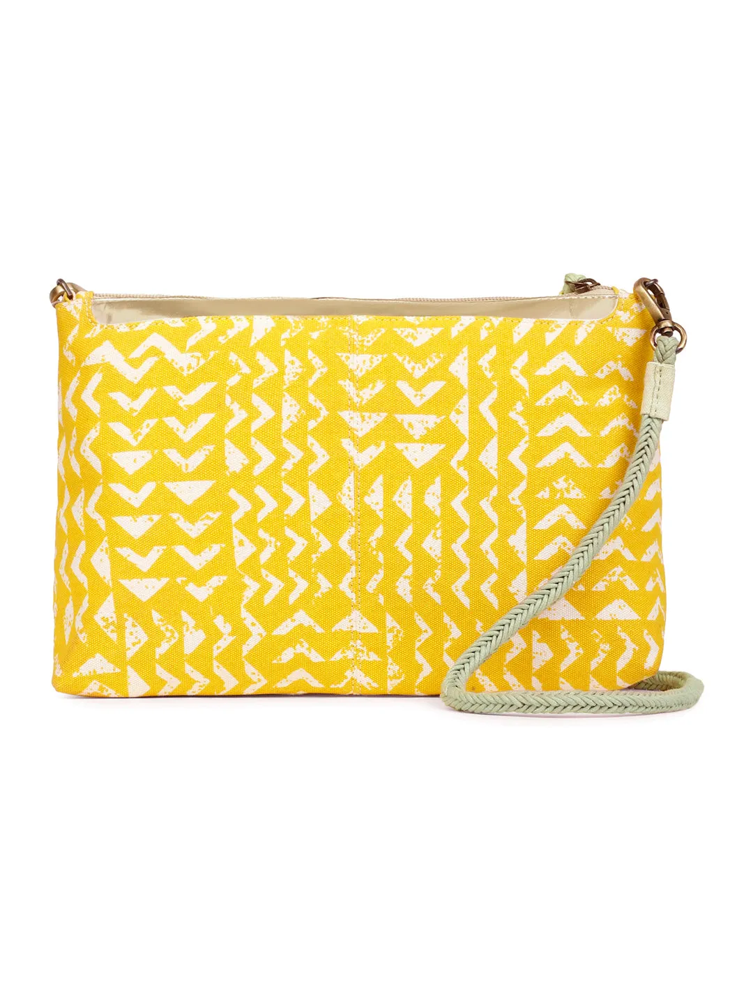 Berrylush Women Yellow & White Triangle Printed Canvas Detachable Sling Strap Small Boho Clutch/Sling Bag