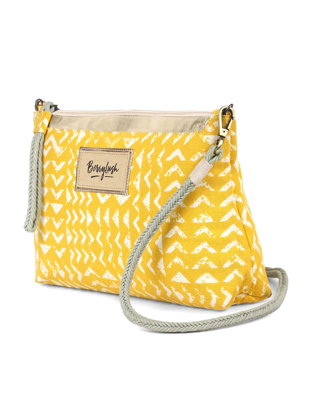 Berrylush Women Yellow & White Triangle Printed Canvas Detachable Sling Strap Small Boho Clutch/Sling Bag