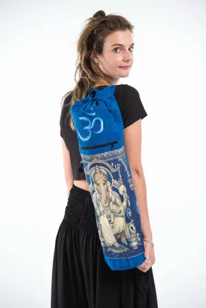 Blue Embroidered Ohm   Ganesha Print Cotton & Hemp Yoga Mat Bag