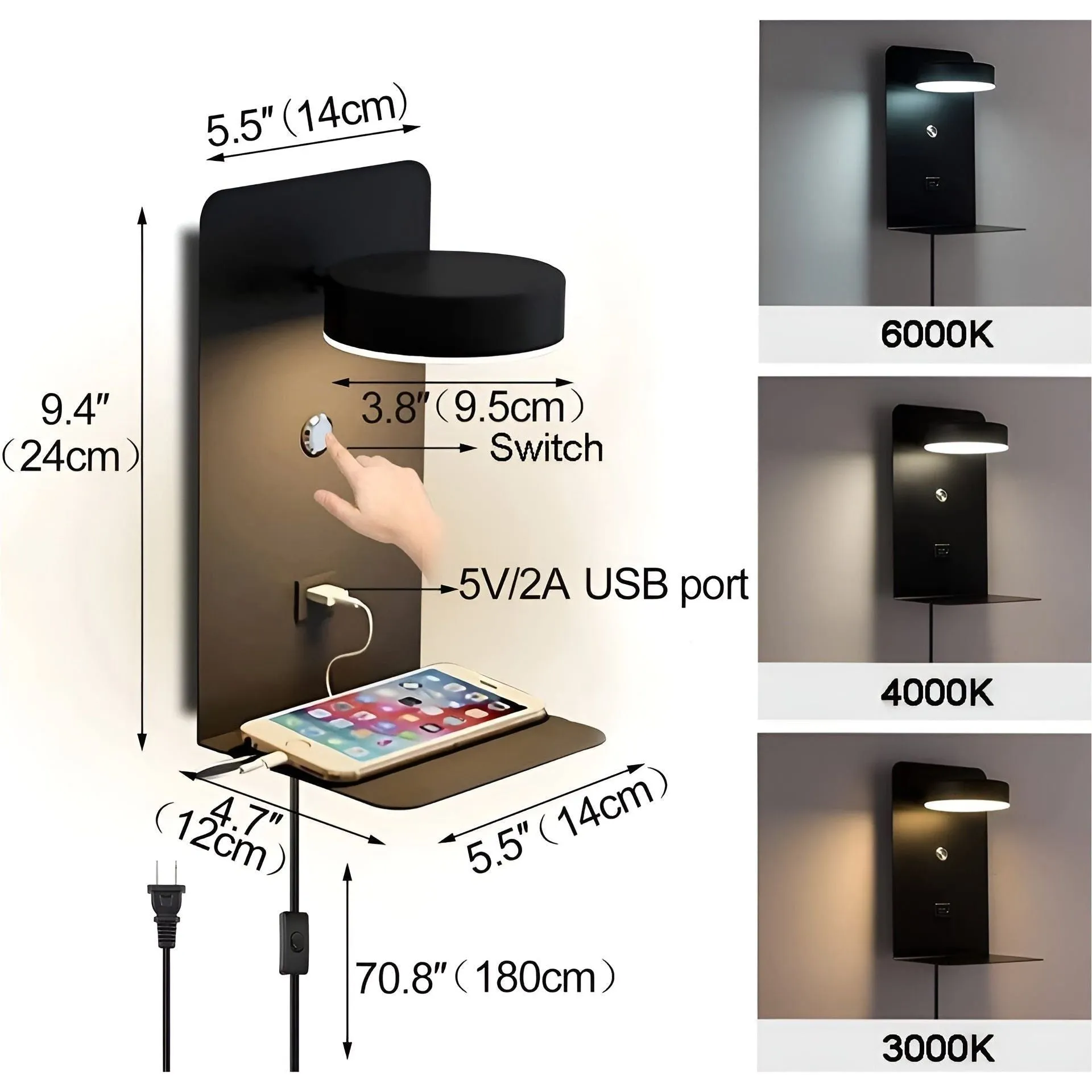 ChargeBright Light - Schwarze und weiße LED-Wandleuchte mit Schalter und USB-Ladeanschluss