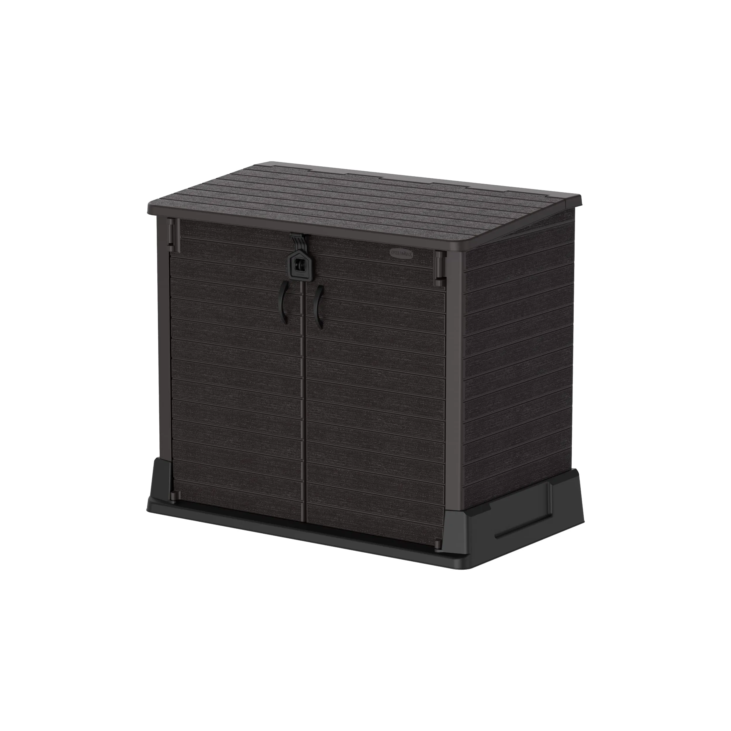 Duramax Cedargrain StoreAway 850L Plastic Garden Storage Shed - Outdoor Storage Shed, Wheelie bin box, Durable Construction, Ideal for Tools, BBQs & 2x 120L Garbage Bins, 130x74x110 cm, Dark Brown