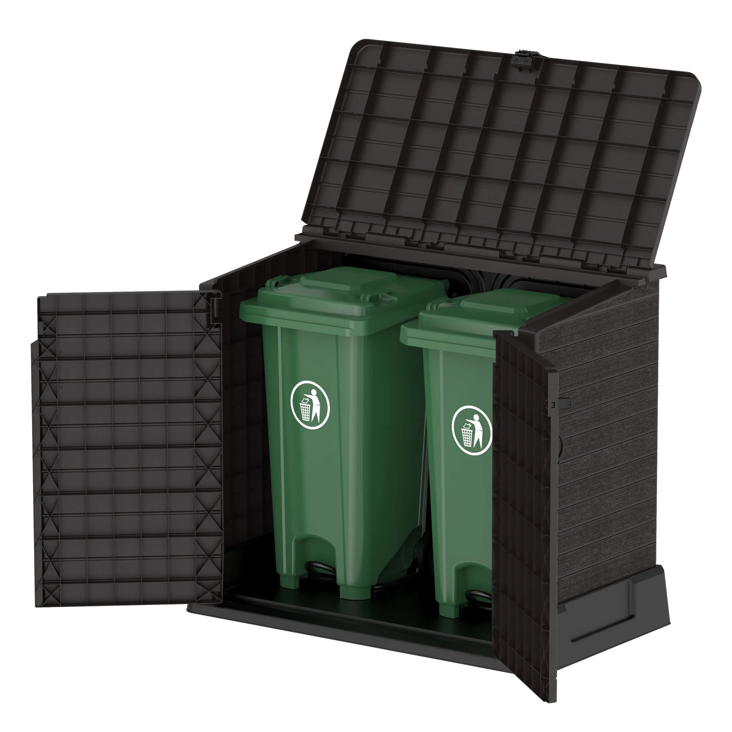 Duramax Cedargrain StoreAway 850L Plastic Garden Storage Shed - Outdoor Storage Shed, Wheelie bin box, Durable Construction, Ideal for Tools, BBQs & 2x 120L Garbage Bins, 130x74x110 cm, Dark Brown