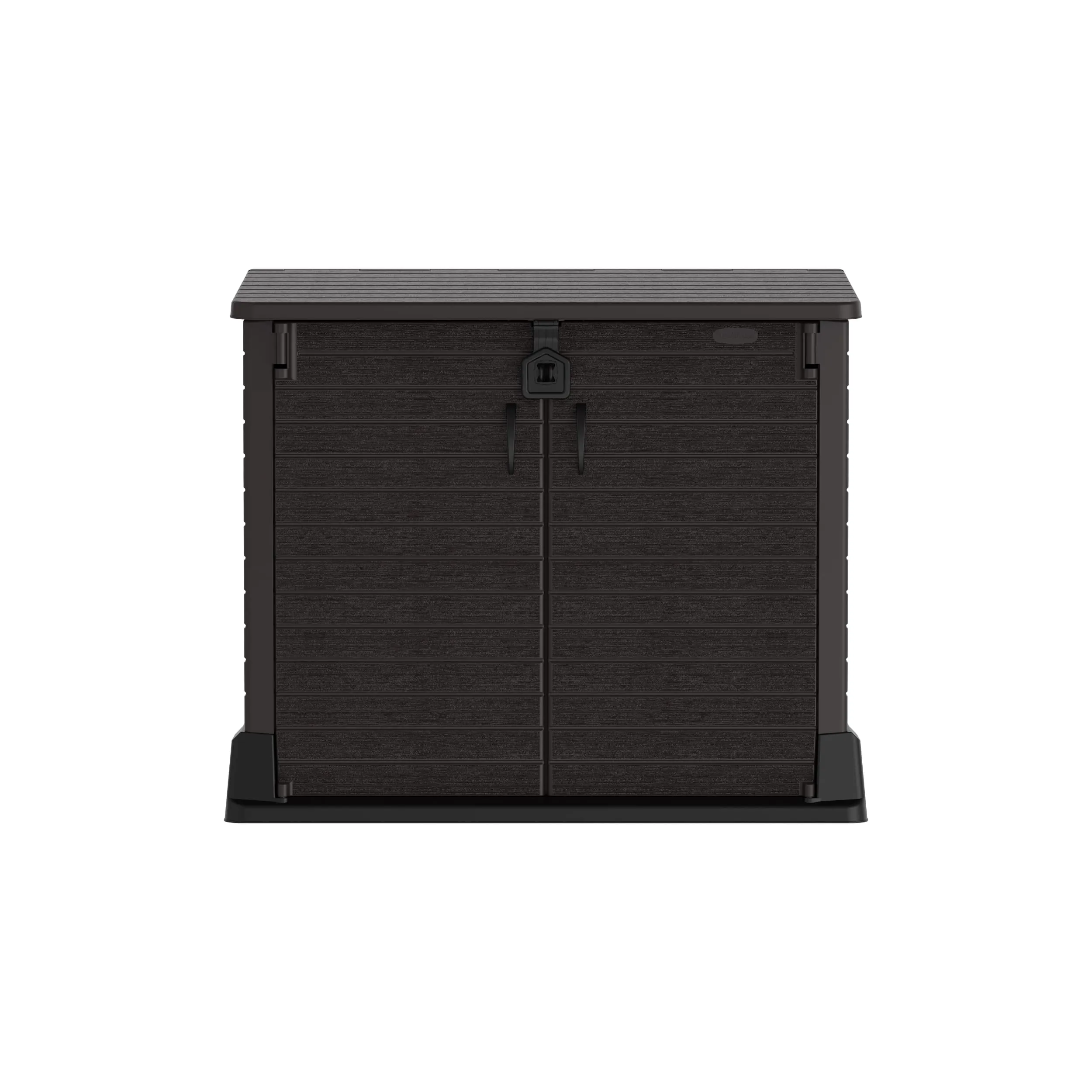 Duramax Cedargrain StoreAway 850L Plastic Garden Storage Shed - Outdoor Storage Shed, Wheelie bin box, Durable Construction, Ideal for Tools, BBQs & 2x 120L Garbage Bins, 130x74x110 cm, Dark Brown