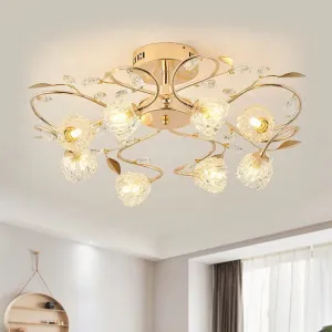 Gold Metal Leaf Design Semi Flush Mount Ceiling Light with Prismatic Crystal Flowers and 8 Bulbs - Contemporary Style