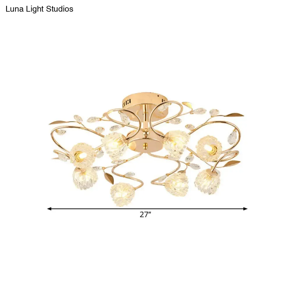 Gold Metal Leaf Design Semi Flush Mount Ceiling Light with Prismatic Crystal Flowers and 8 Bulbs - Contemporary Style