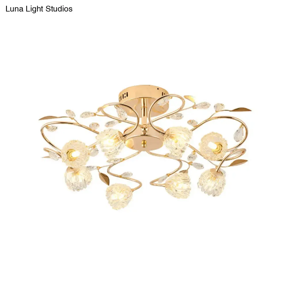 Gold Metal Leaf Design Semi Flush Mount Ceiling Light with Prismatic Crystal Flowers and 8 Bulbs - Contemporary Style