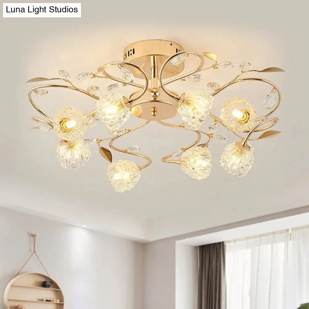 Gold Metal Leaf Design Semi Flush Mount Ceiling Light with Prismatic Crystal Flowers and 8 Bulbs - Contemporary Style