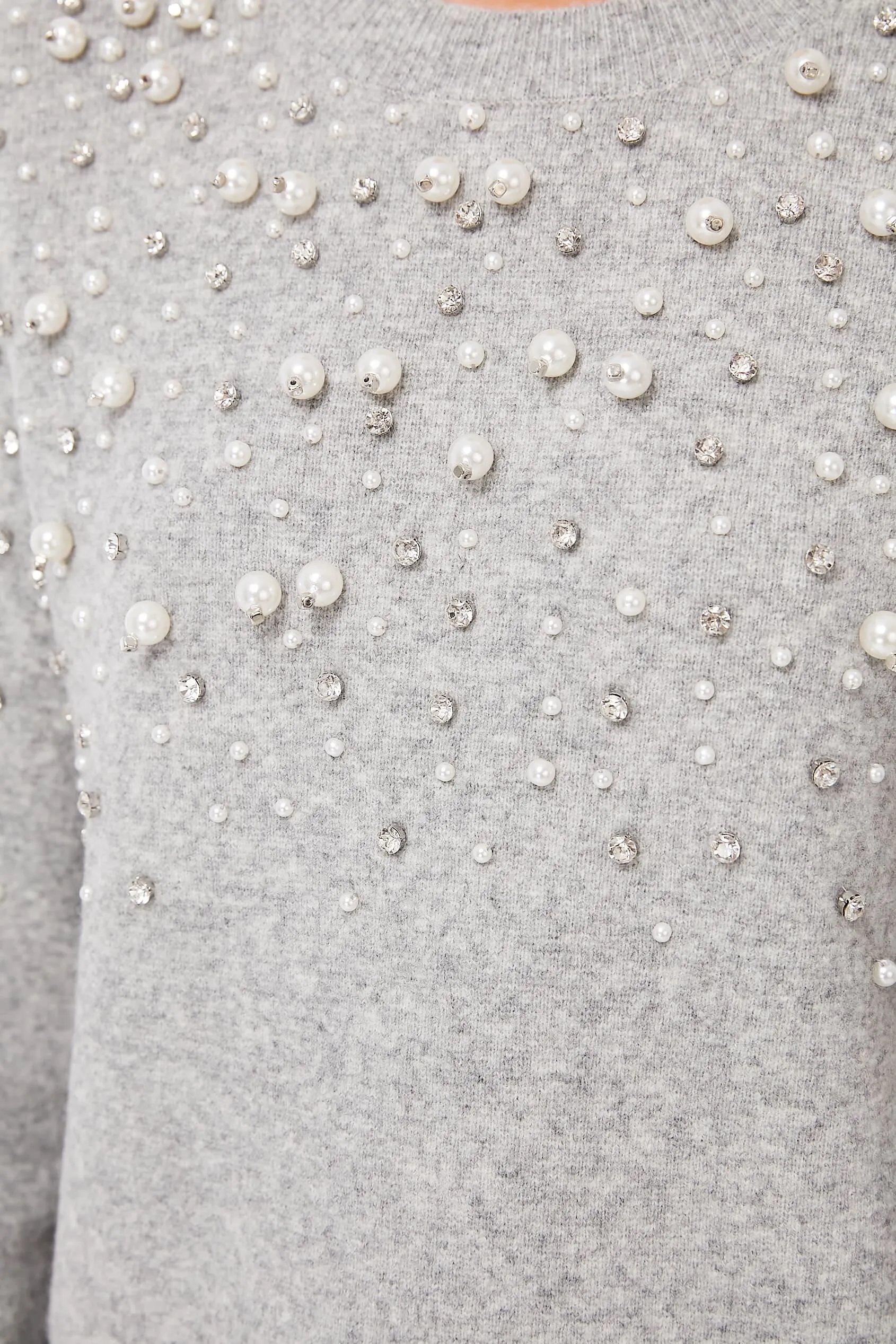 Gray Melange Pearl Rhinestone Embellished Sweater