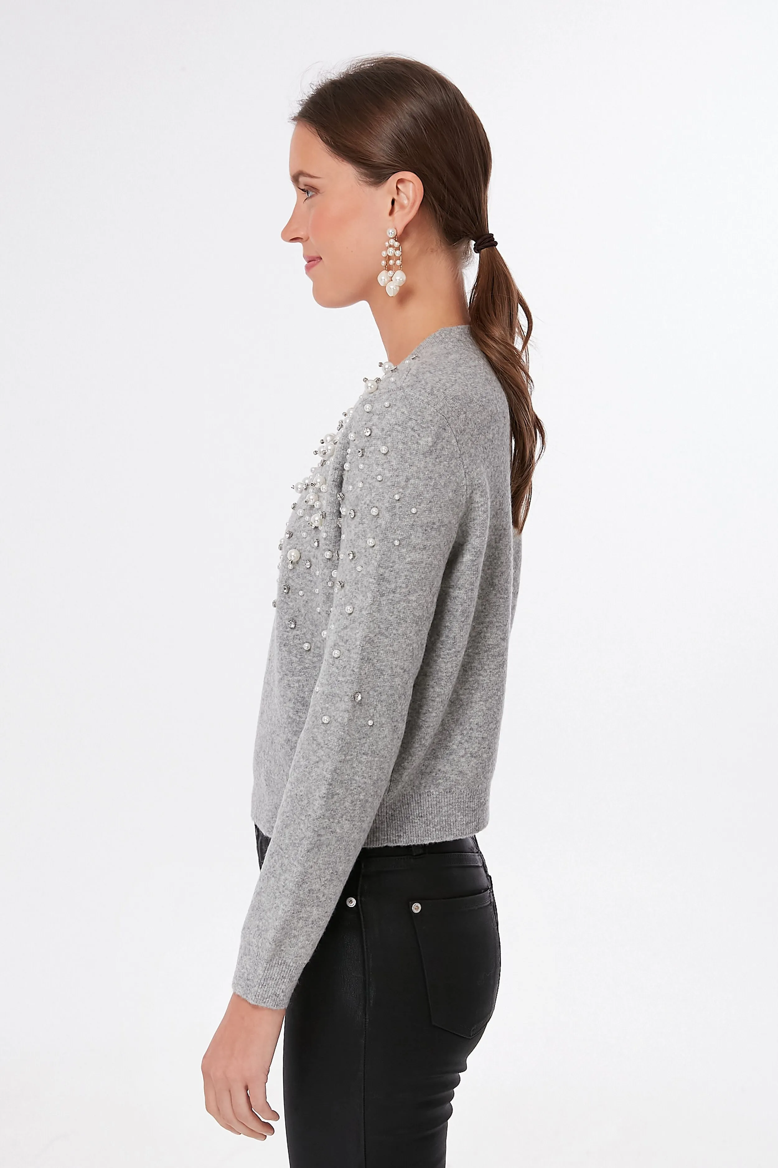 Gray Melange Pearl Rhinestone Embellished Sweater