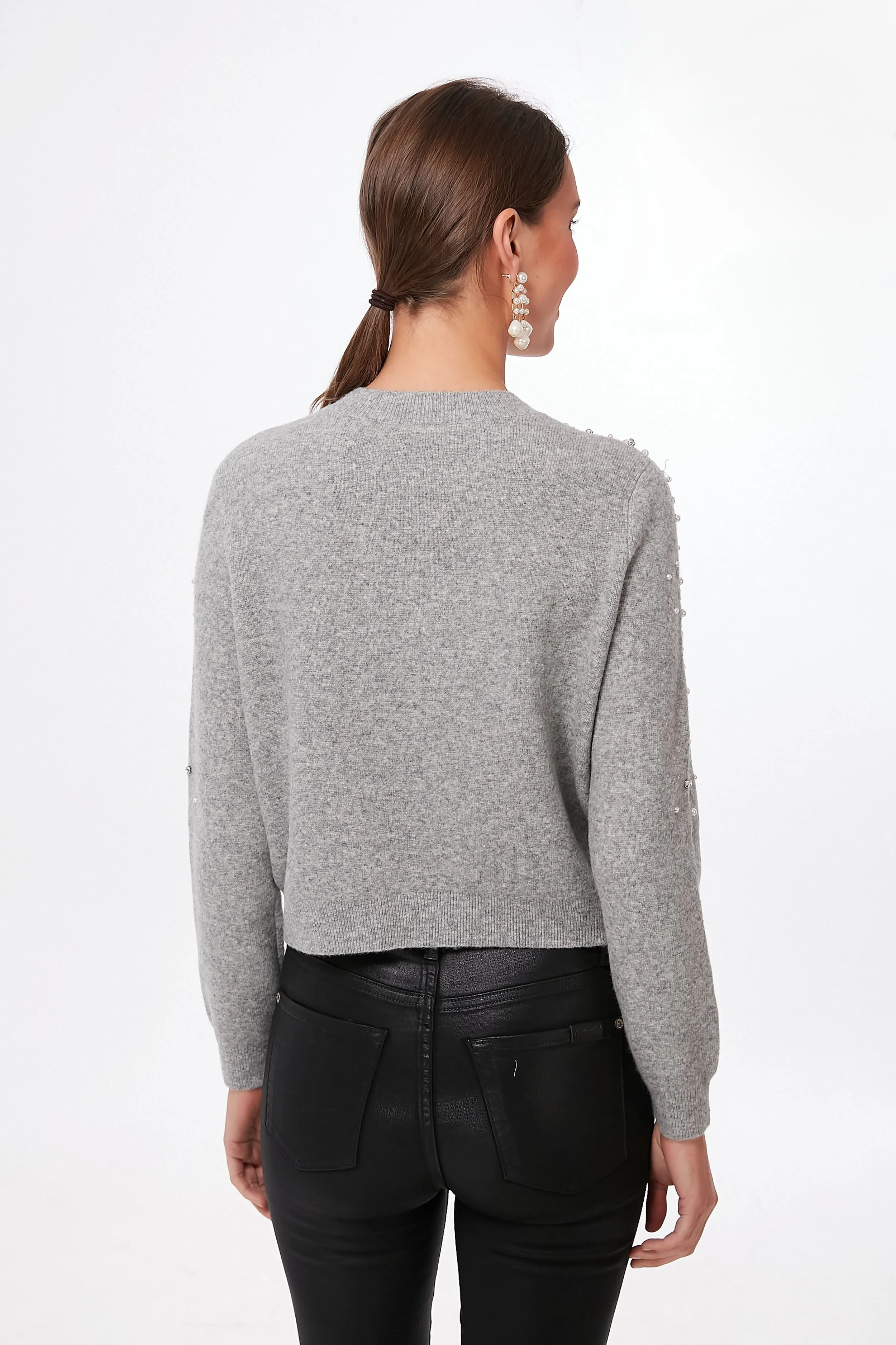 Gray Melange Pearl Rhinestone Embellished Sweater