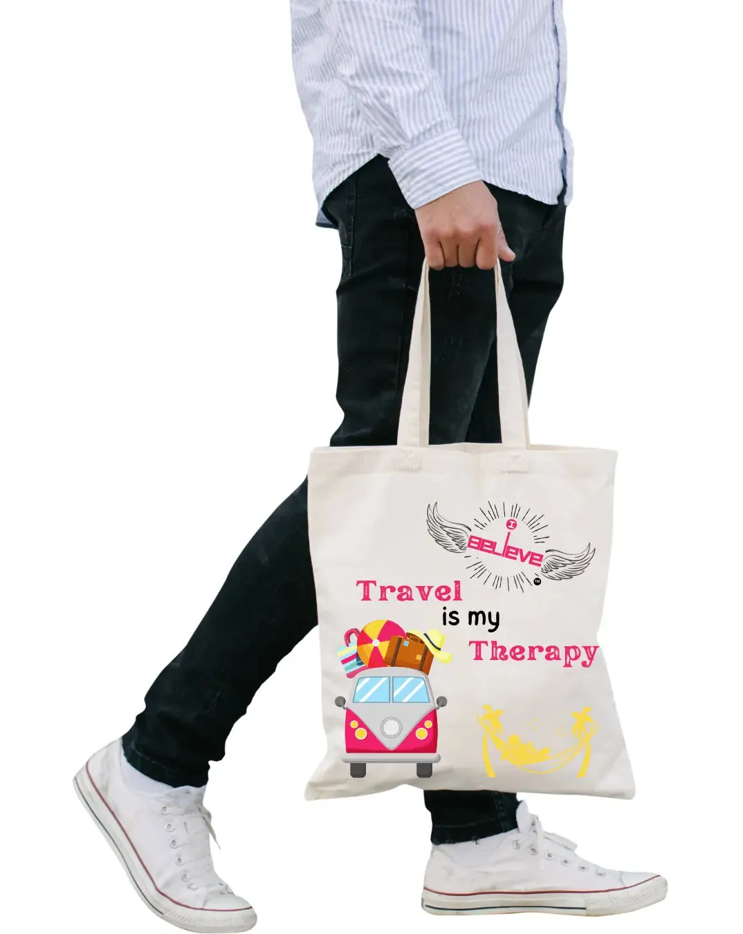 I Believe in Travel Therapy Daily Thaila -  Canvas Reusable Bags