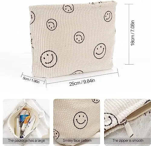 Inralimot Cosmetic Bags for Women - Corduroy Cosmetic Bag Aesthetic Women Handbags Purses Smile Dots Makeup Organizer Storage Makeup Bag Girls Case Bags (Beige)