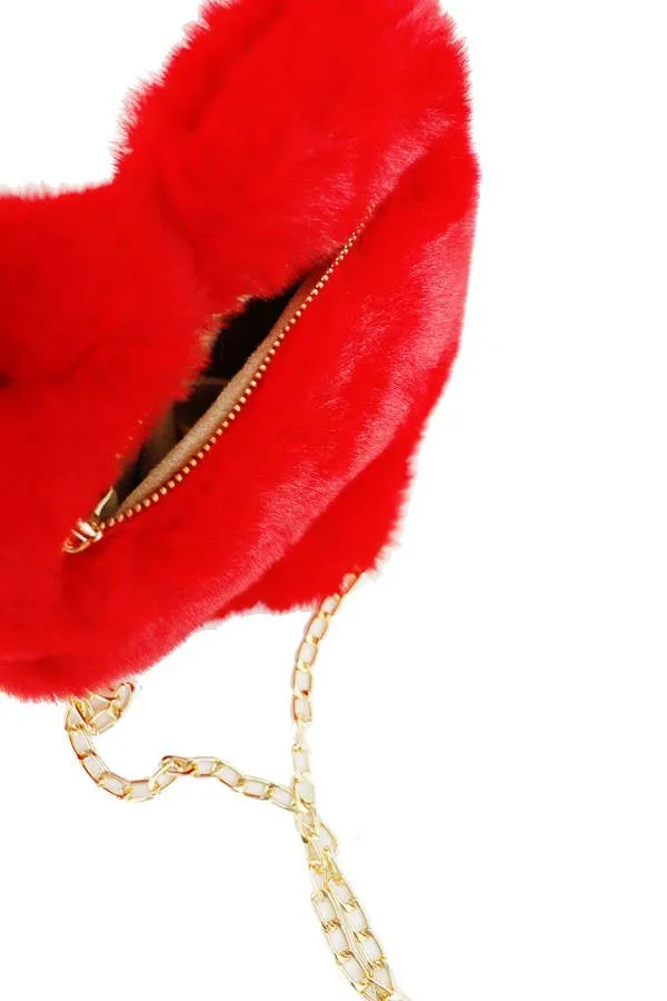 Instant Shipping! Faux Fur Heart Shaped Faux Leather Lined Gold Chain Bag