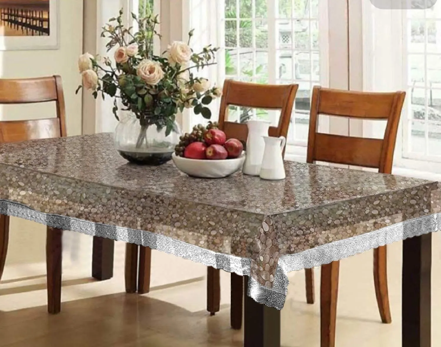 Kuber Industries Dining Table Cover 6 Seater|Table Cloth|Table Cover for Home, Restaurant|Transparent 3D Design (Silver)