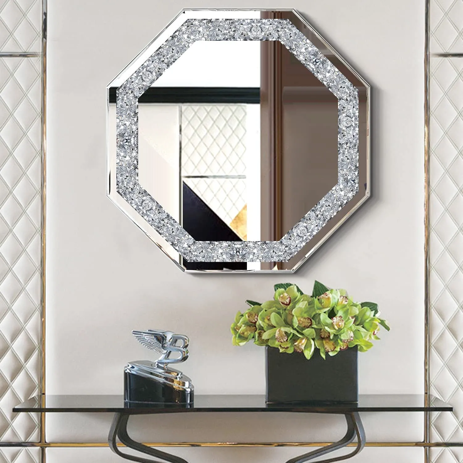 MALLIK DESIGN Crystal Crush Diamond Hex Silver Mirror for Wall Decoration 24 inch Wall Hang Frame Less Mirror Acrylic Diamond Décor (24 in)