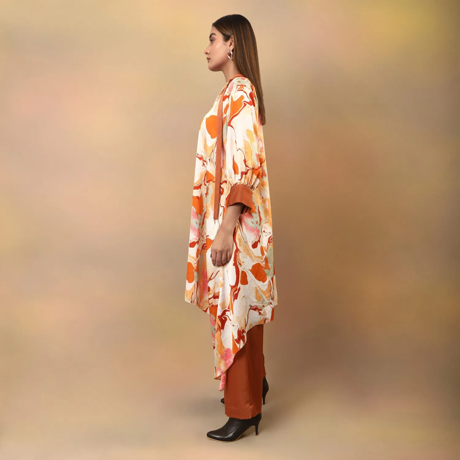 Marble Print Asymmetrical Long Kurta