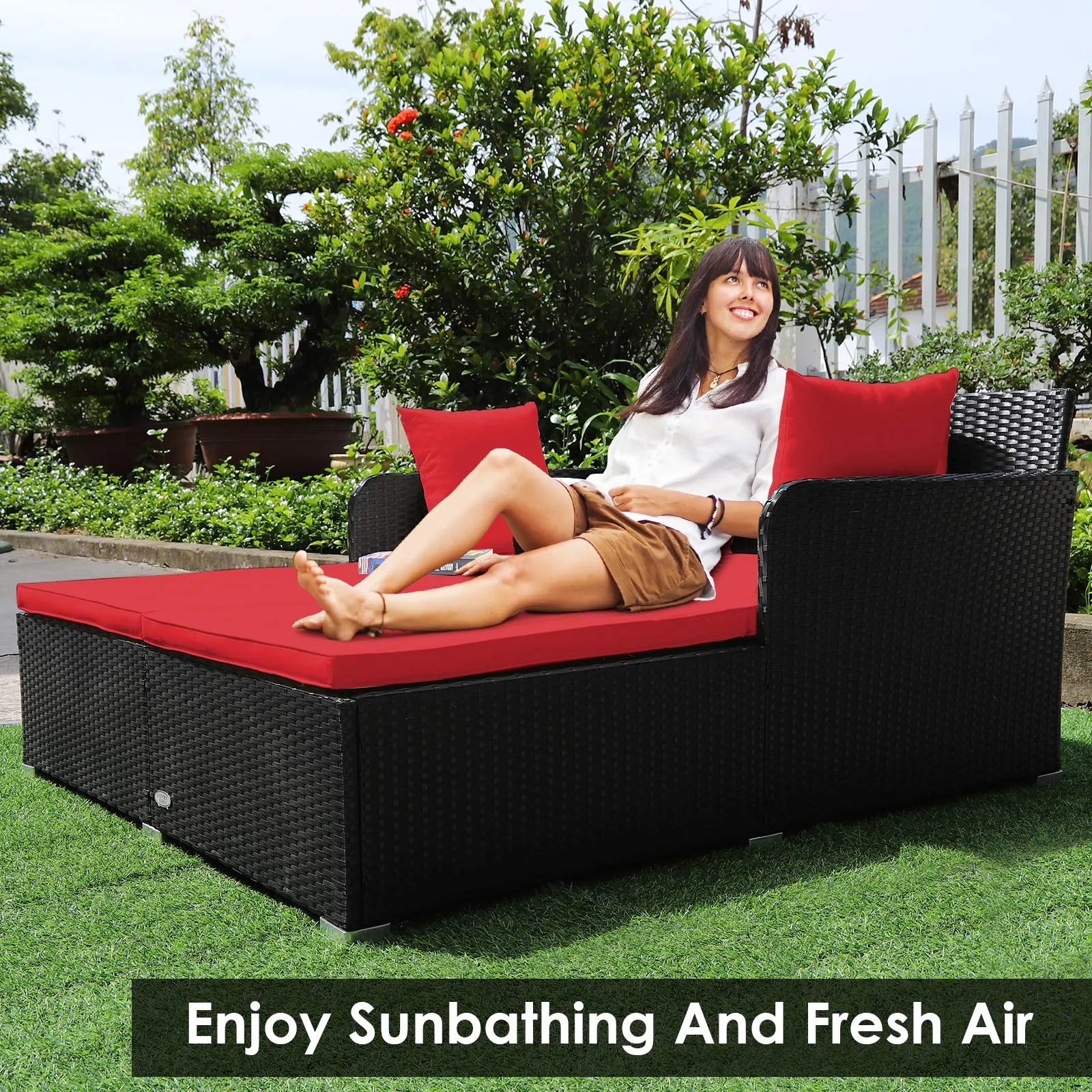 Outdoor Rattan Daybed, Sunbed Wicker Furniture w/Spacious Seat