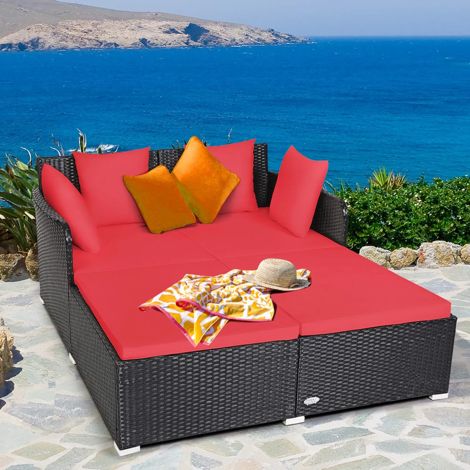 Outdoor Rattan Daybed, Sunbed Wicker Furniture w/Spacious Seat