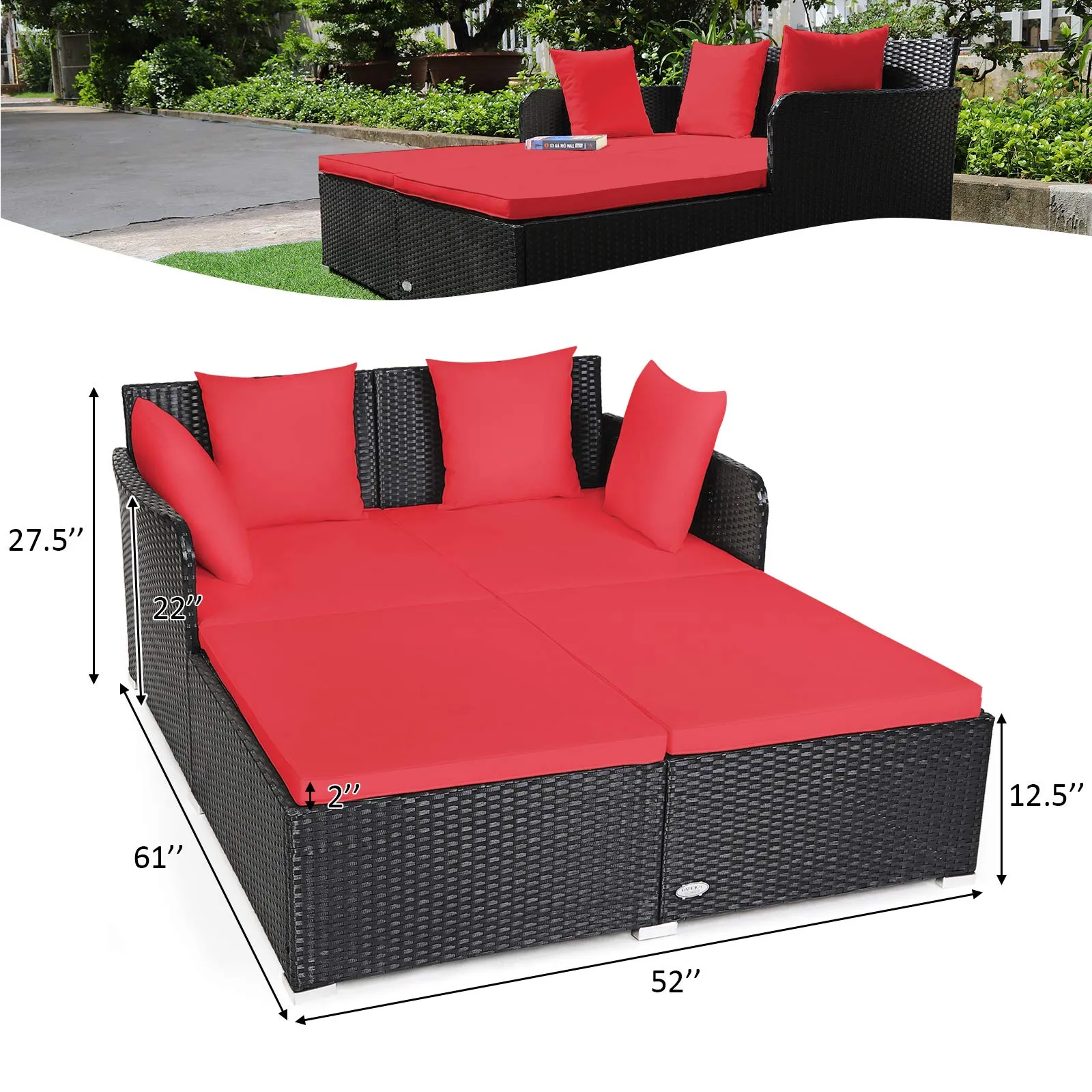 Outdoor Rattan Daybed, Sunbed Wicker Furniture w/Spacious Seat