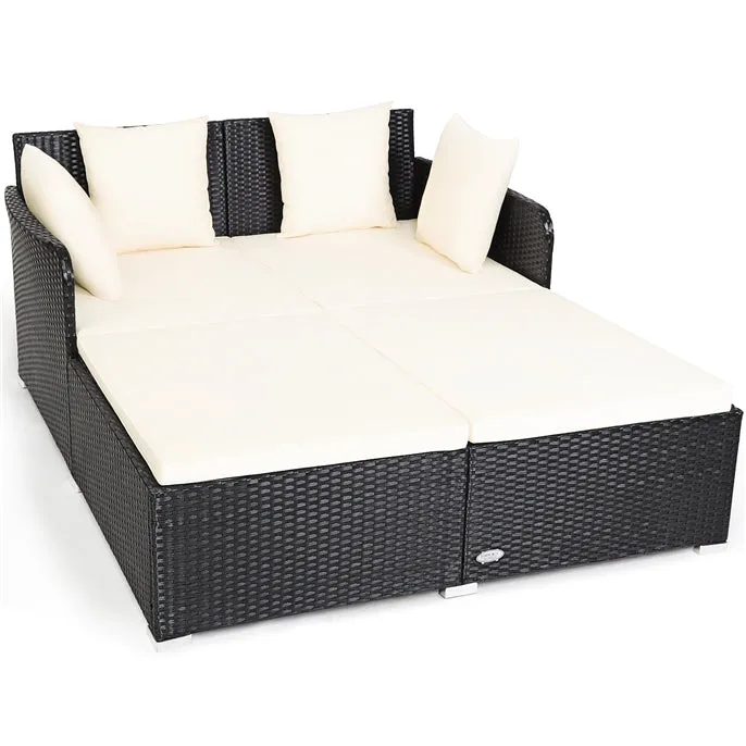 Outdoor Rattan Daybed, Sunbed Wicker Furniture w/Spacious Seat