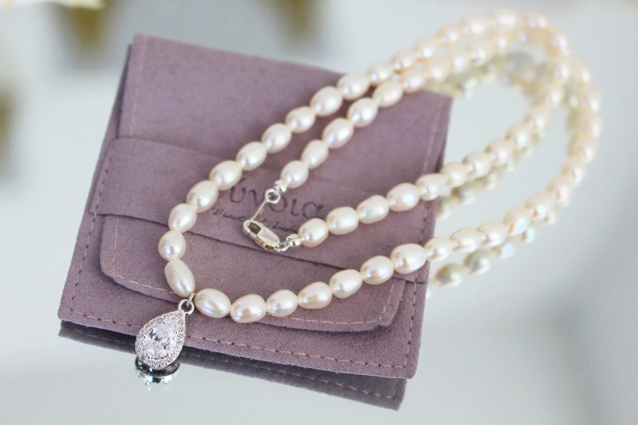 Pearl Chain with Zirconia Gem Pendant | Wedding & Prom