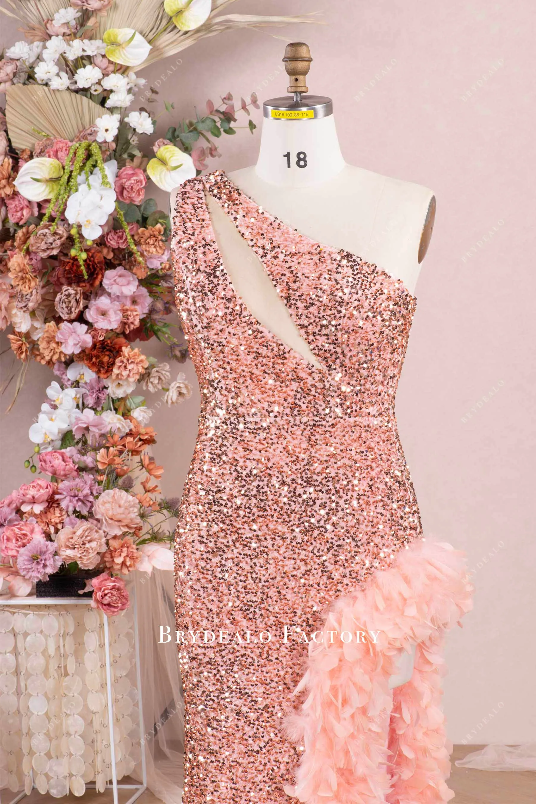 Plus Size Sparkly Sequin One Shoulder Slit Feather Prom Dress