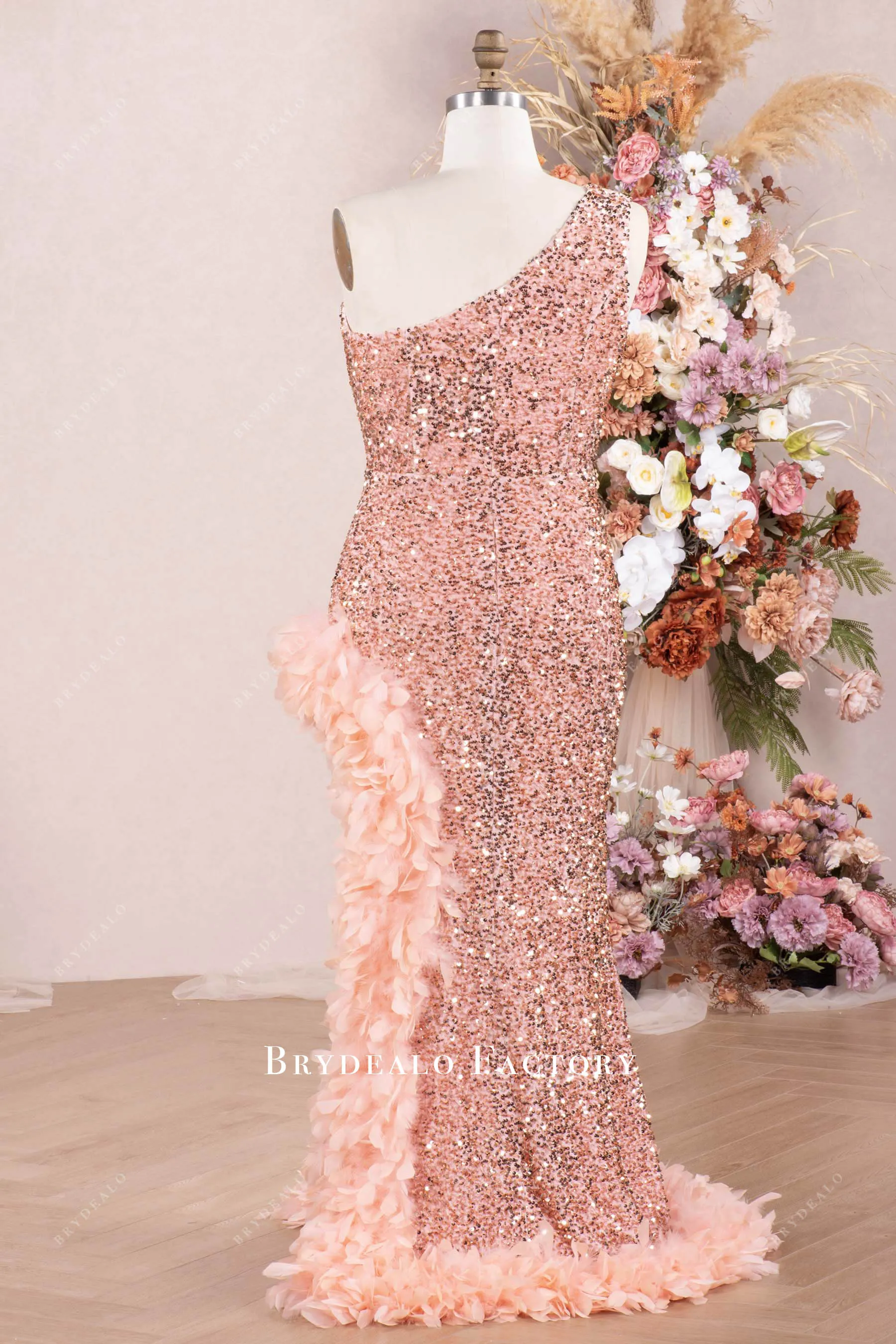 Plus Size Sparkly Sequin One Shoulder Slit Feather Prom Dress