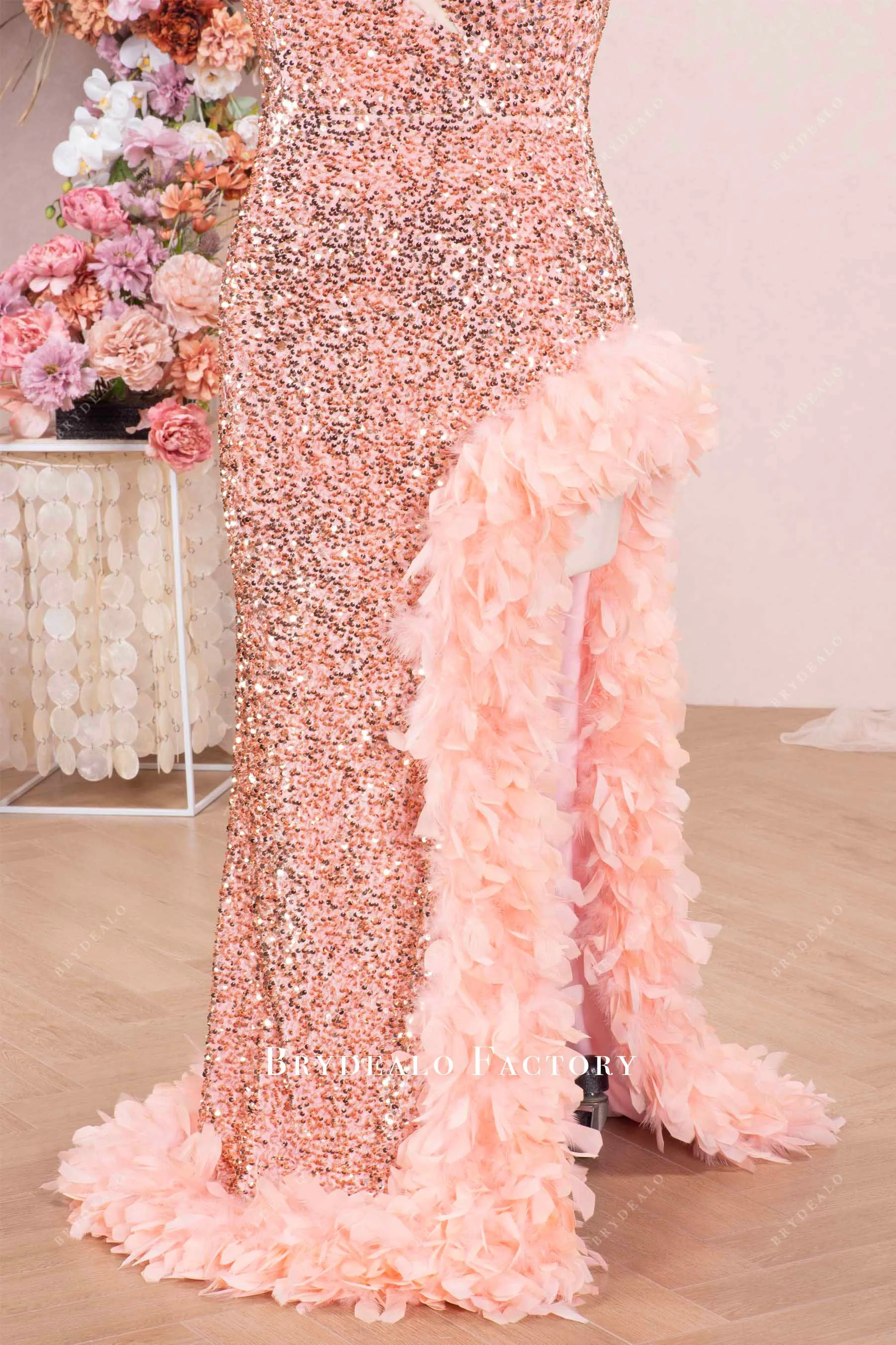 Plus Size Sparkly Sequin One Shoulder Slit Feather Prom Dress