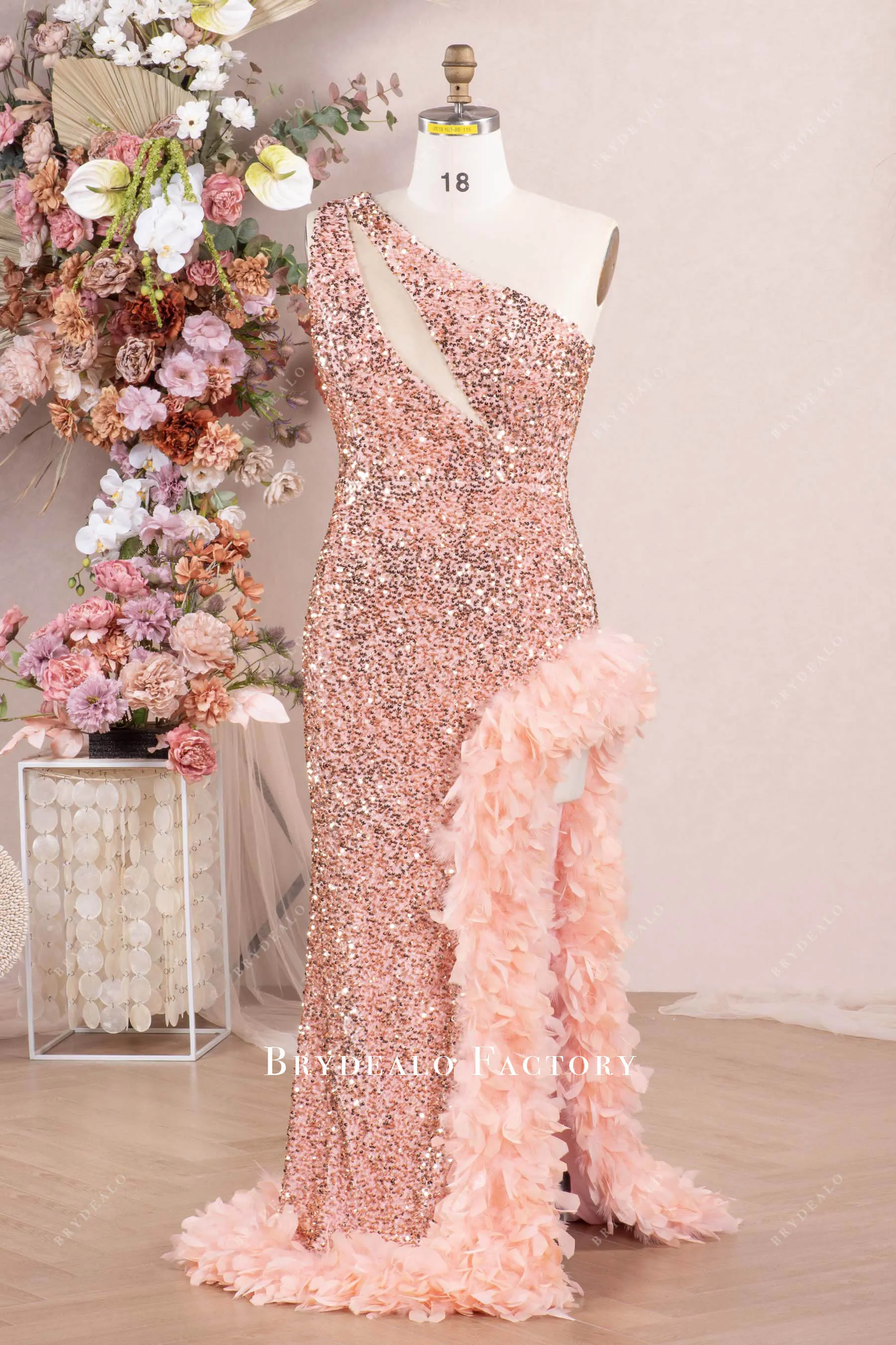 Plus Size Sparkly Sequin One Shoulder Slit Feather Prom Dress