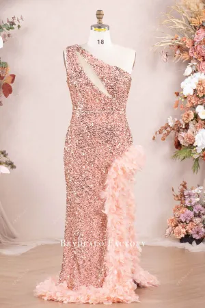 Plus Size Sparkly Sequin One Shoulder Slit Feather Prom Dress