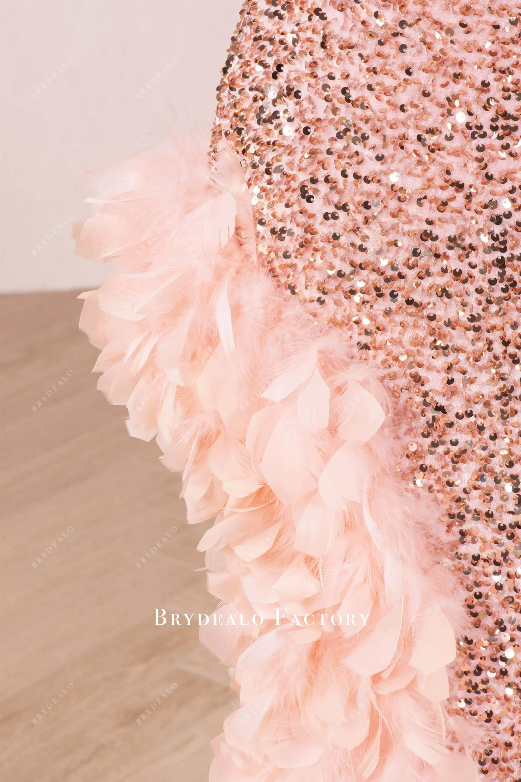 Plus Size Sparkly Sequin One Shoulder Slit Feather Prom Dress