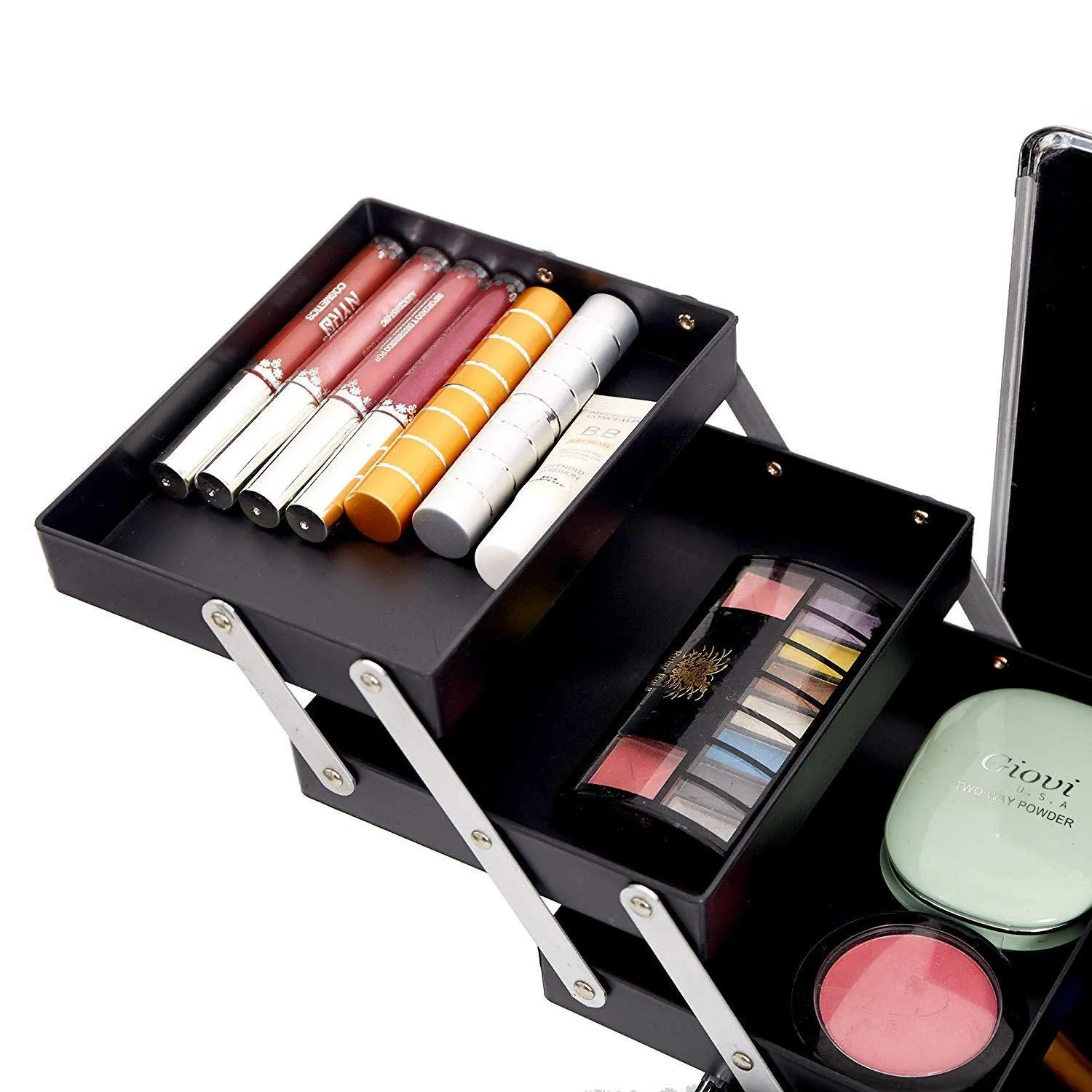 Professional Makeup Train Case with 6 Sliding Trays Portable Cosmetic Box Storage Organizer Aluminum Design