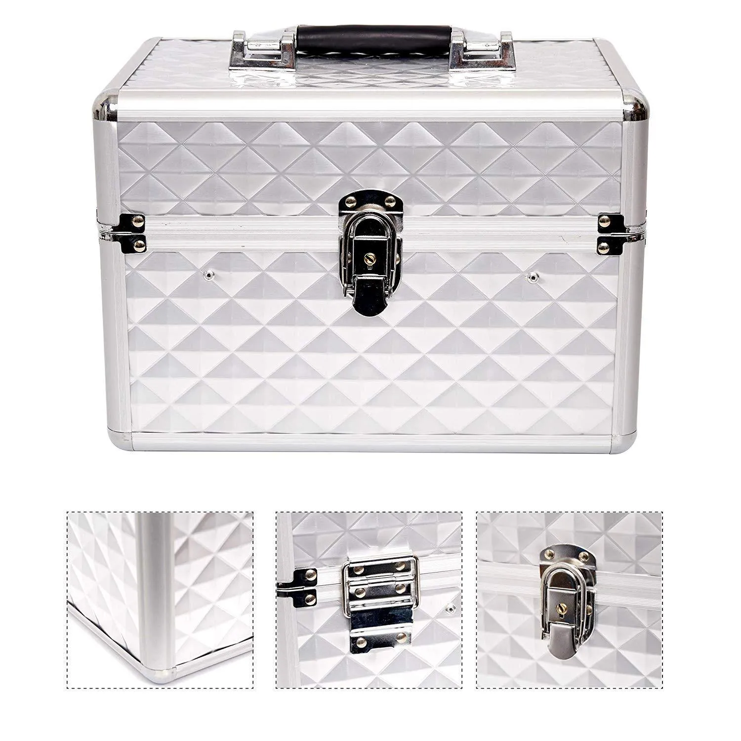 Professional Makeup Train Case with 6 Sliding Trays Portable Cosmetic Box Storage Organizer Aluminum Design