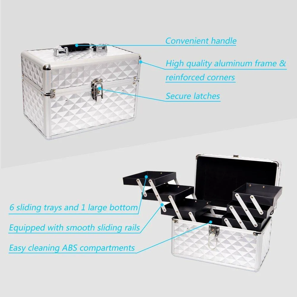 Professional Makeup Train Case with 6 Sliding Trays Portable Cosmetic Box Storage Organizer Aluminum Design