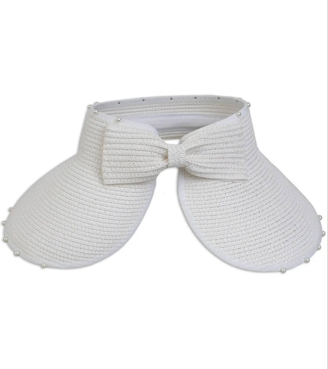 Roll-Up Straw Sun Visor with Pearl Trim and Velcro Bow