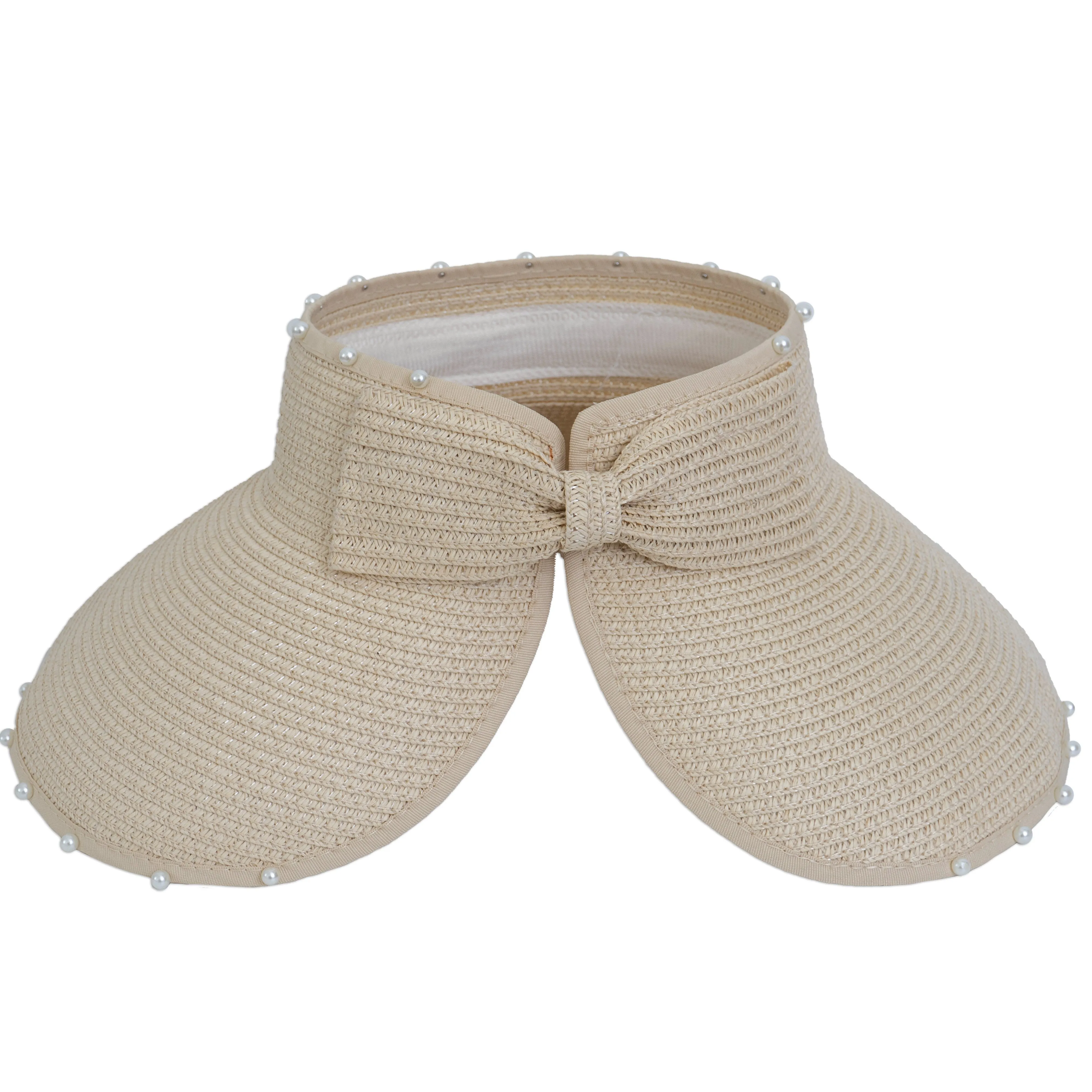 Roll-Up Straw Sun Visor with Pearl Trim and Velcro Bow