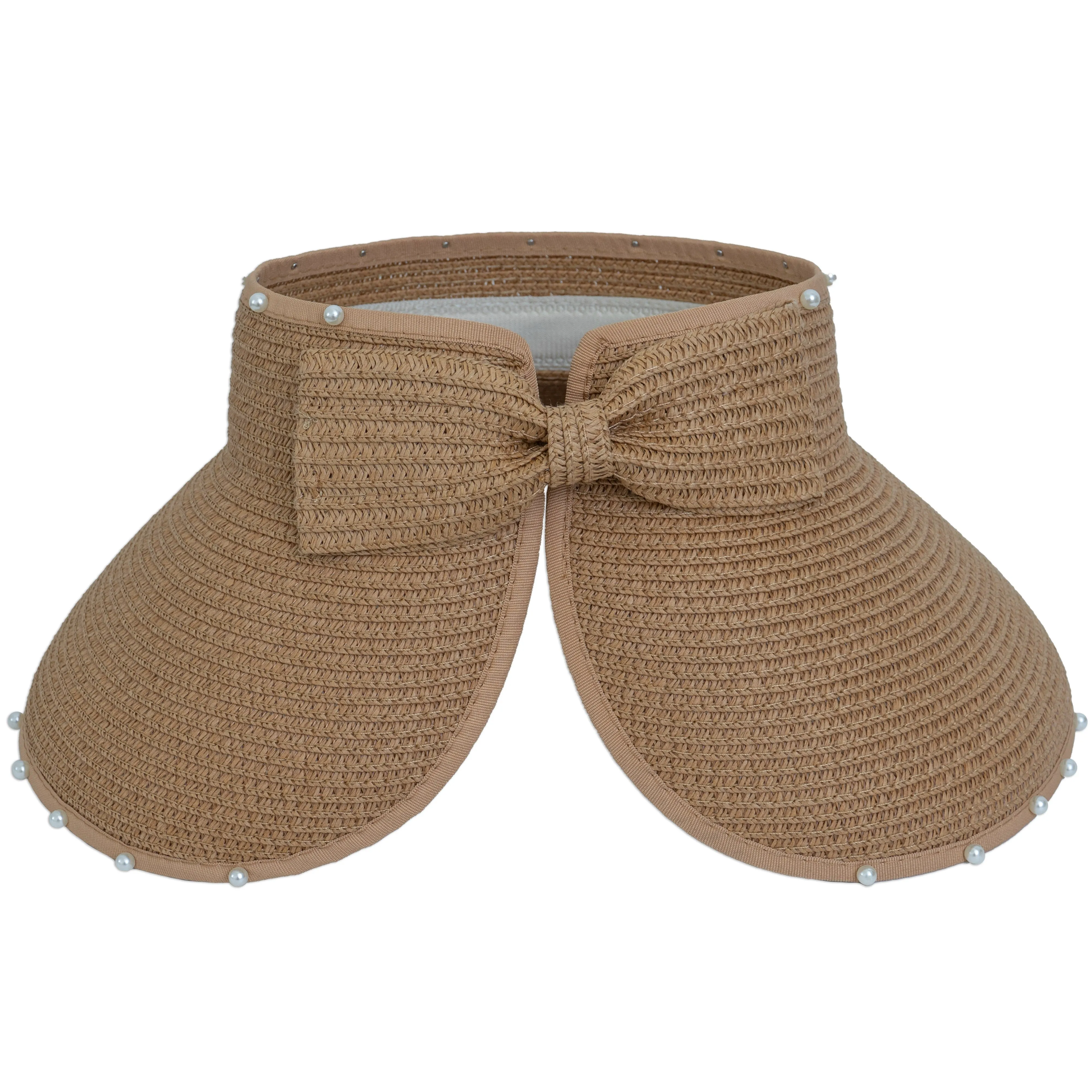 Roll-Up Straw Sun Visor with Pearl Trim and Velcro Bow