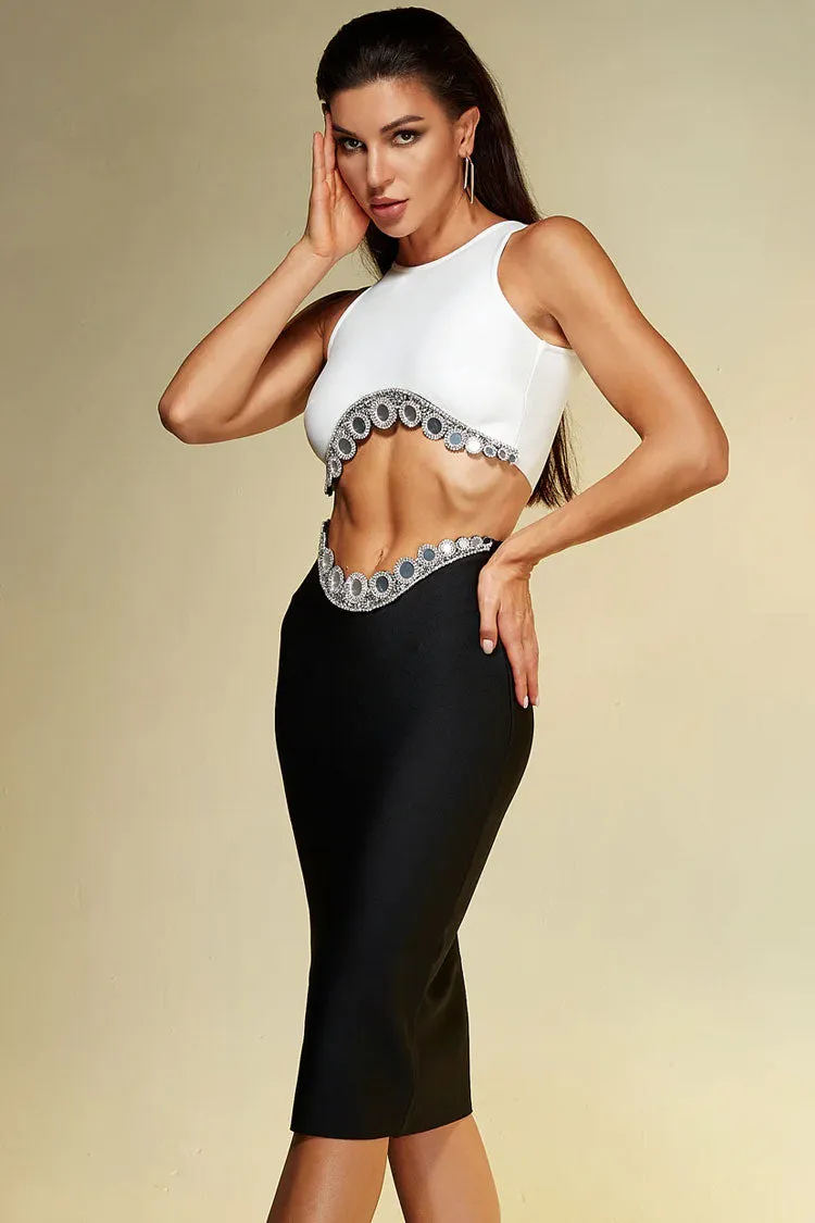 Sparkly Rhinestone Crop Tank Top Drop Waist Midi Skirt Two Piece Dress - White