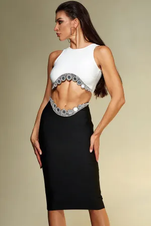 Sparkly Rhinestone Crop Tank Top Drop Waist Midi Skirt Two Piece Dress - White